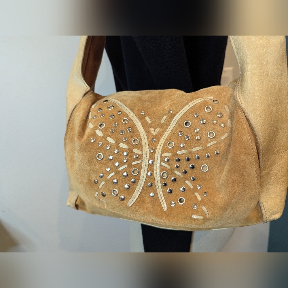 Y2K Arcadia Italy Leather vintage hobo bag gold with butterfly embossing. Rare! - Picture 9 of 15